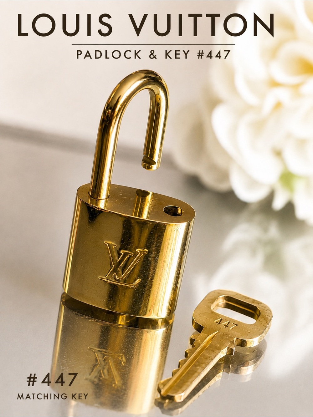 Louis Vuitton LV Padlock Lock & Matching Key #447 Gold Brass Authentic